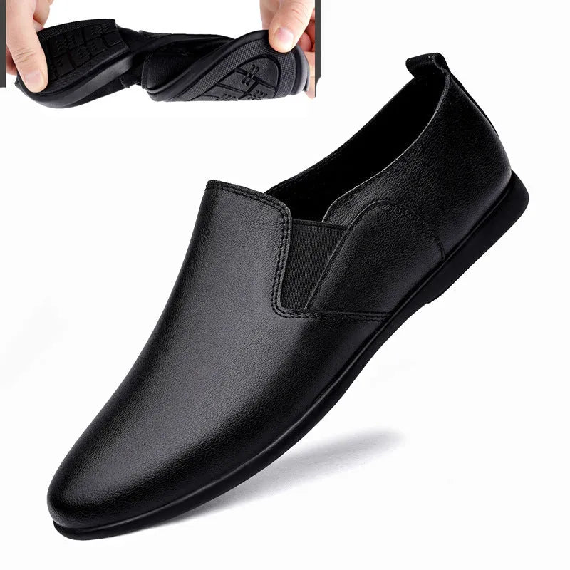 Men's black leather business shoes with round toe and breathable design