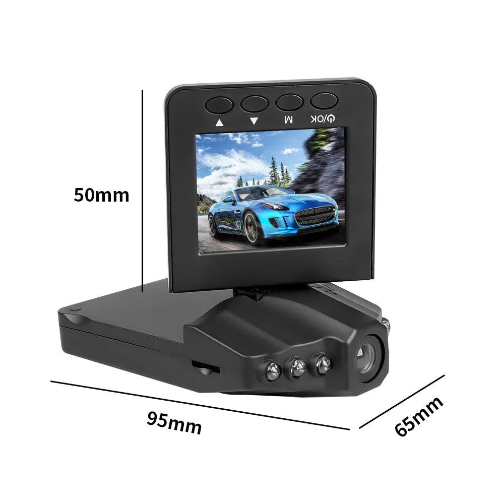 H198 black car dash cam with six infrared lights on front, shown on a windshield.