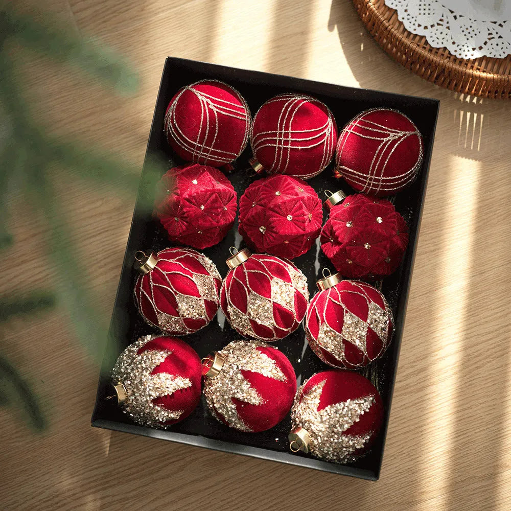 12-piece plastic flocked Christmas ball set in paper box with wine red, milky white, and Maillard colour options