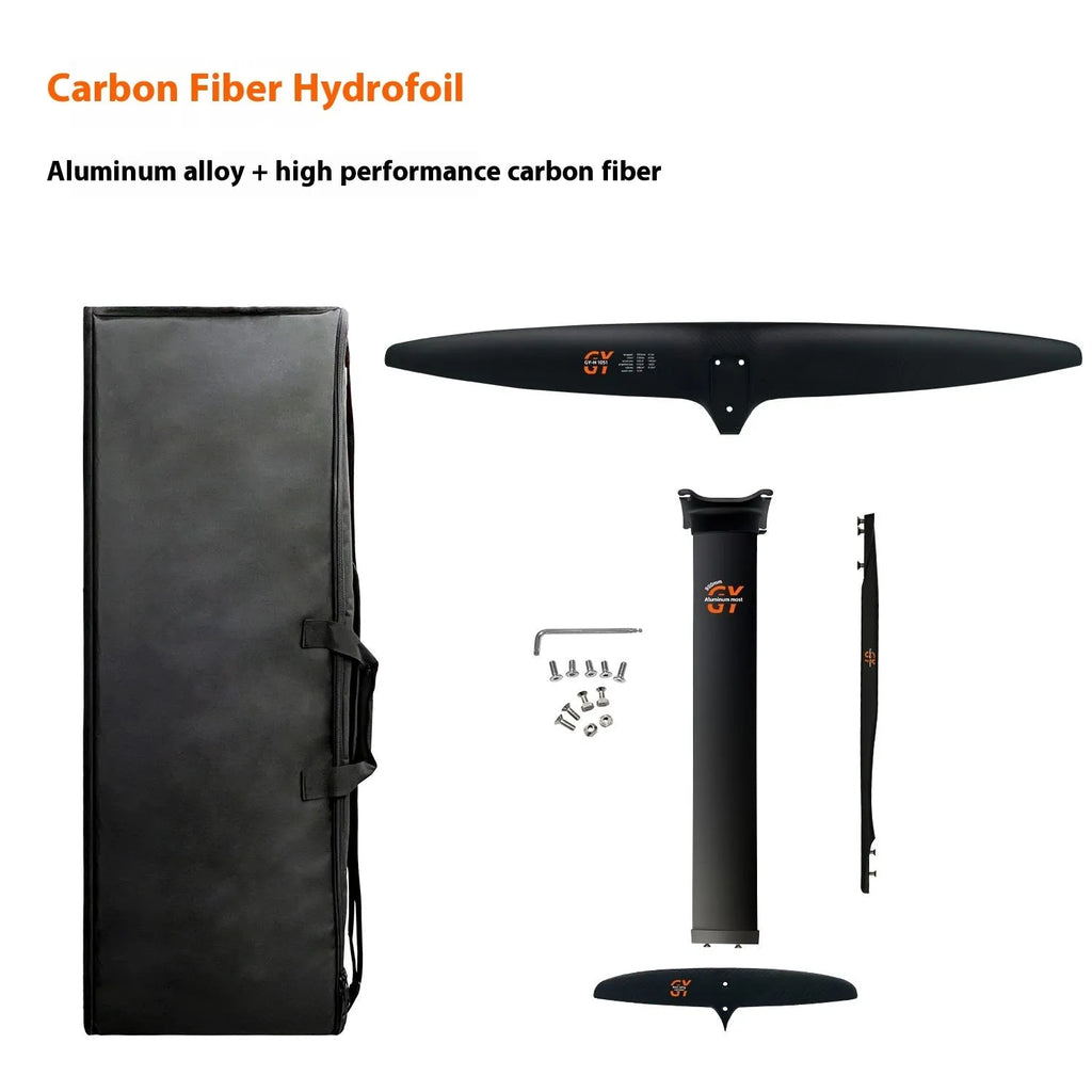 Black carbon fibre racing surfboard hydrofoil with 1051mm front wing for unpowered surfing