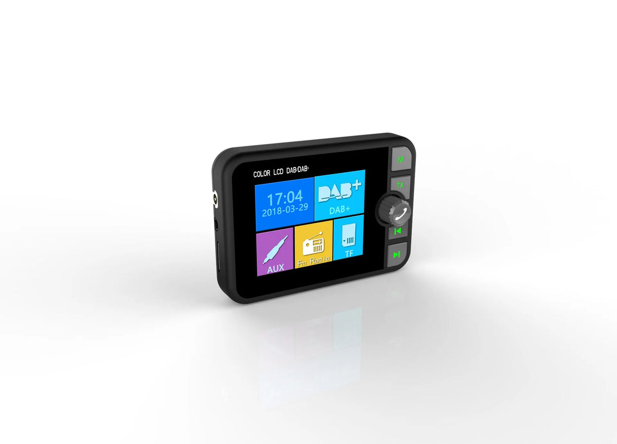 Black ABS car DAB digital receiver with 2.4-inch colour LED screen showing radio display