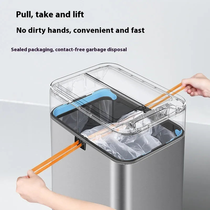 Stainless steel inductive smart trash can with a square shape and deodorant function.