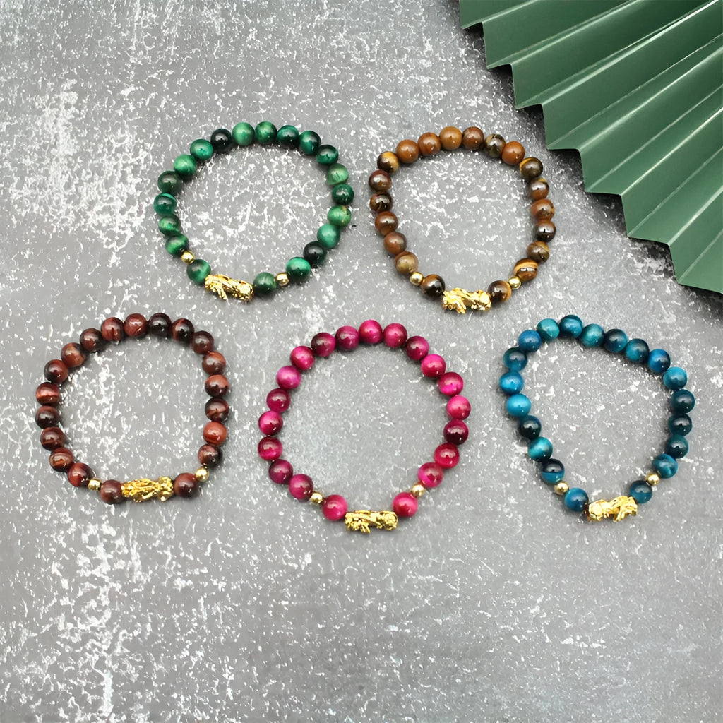 Natural agate tigereye Pi Xiu bracelet, unisex beaded design with electroplated alloy, six colour options
