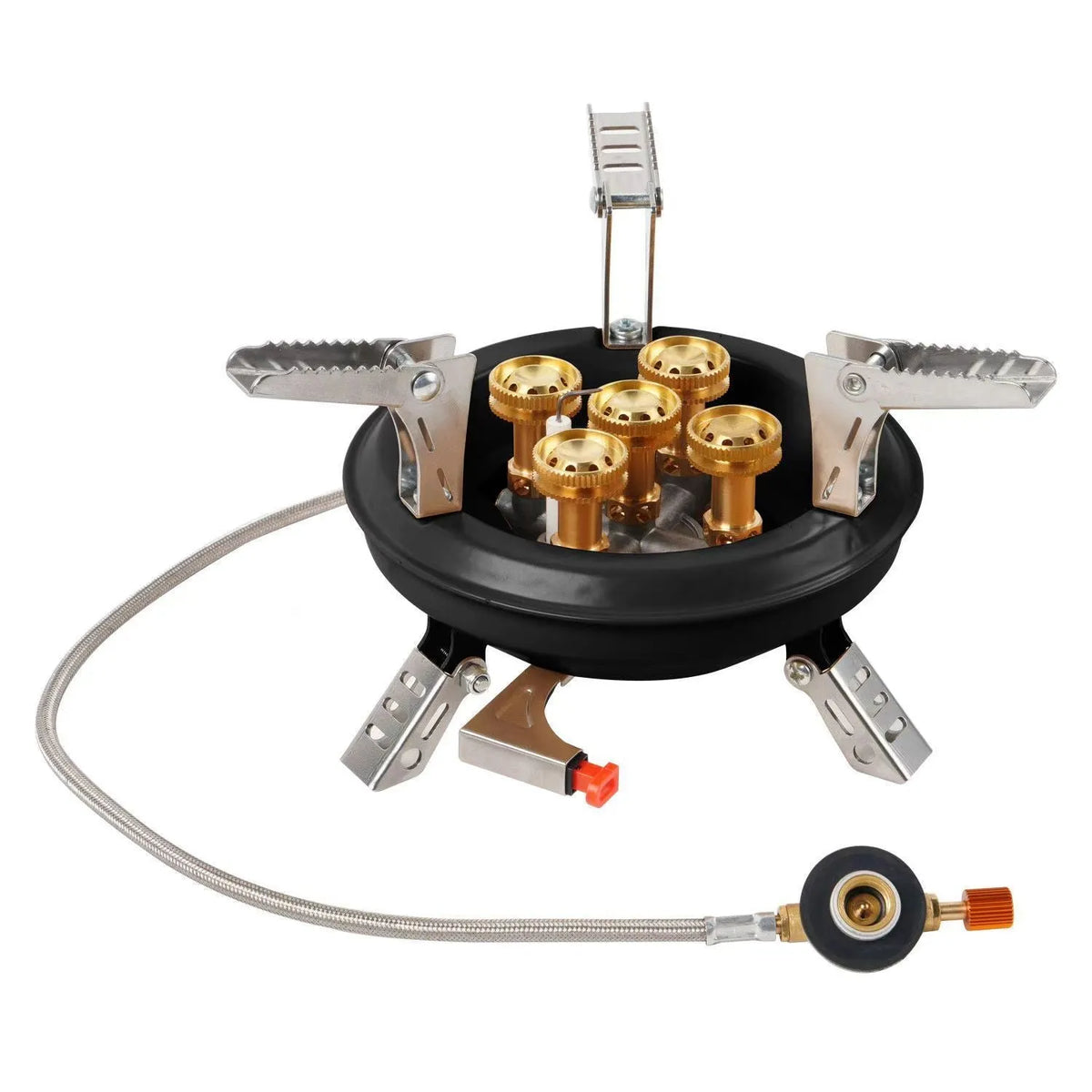 Portable windproof gas stove in black or khaki for camping and picnics, suitable for 1-2 people.