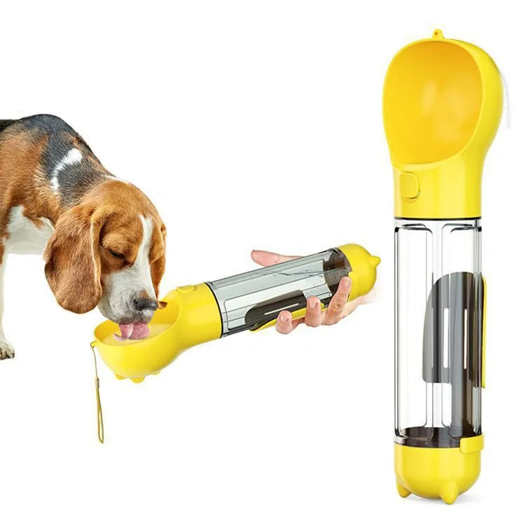 Portable 3-in-1 dog water bottle with poop dispenser and treat holder, 300ml capacity in aquamarine