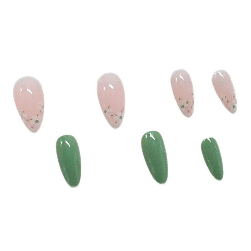 New Simple Fake Nails Set White Little Flower Long Green Section Almond Shaped Wearable Nail Art for Ladies Black Jelly Glue Rub Yellow Jelly Glue Rub Colour CW680