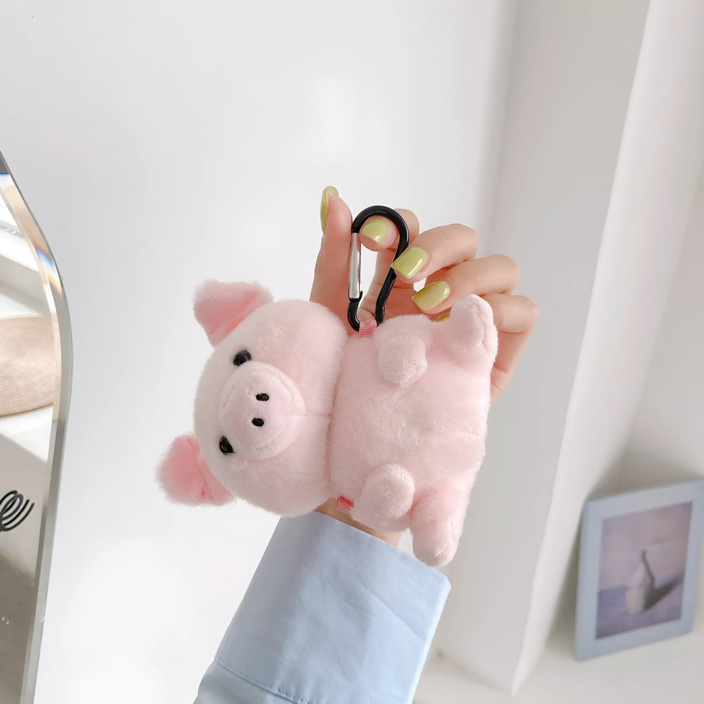 Pink pig cartoon plush earphone case for Apple AirPods 1 2, PC protective back cover