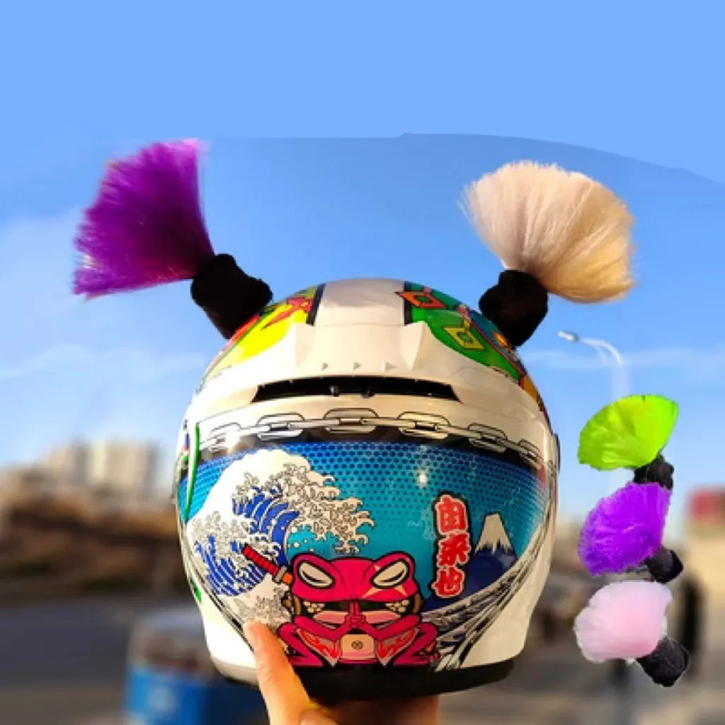 Pair of 8cm tall braided helmet decorations with non-marking adhesive, shown in multiple colour options.