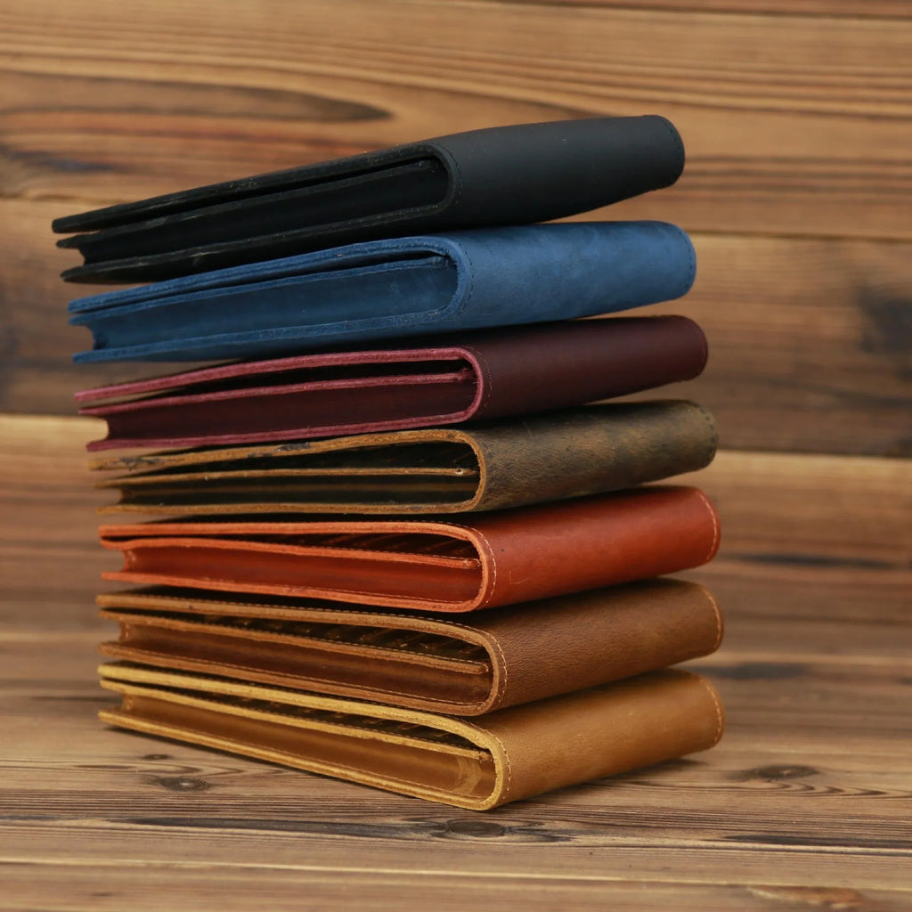 Men's slim leather card wallet in first-layer cowhide with 18 card slots, a money compartment, and a mobile phone slot.