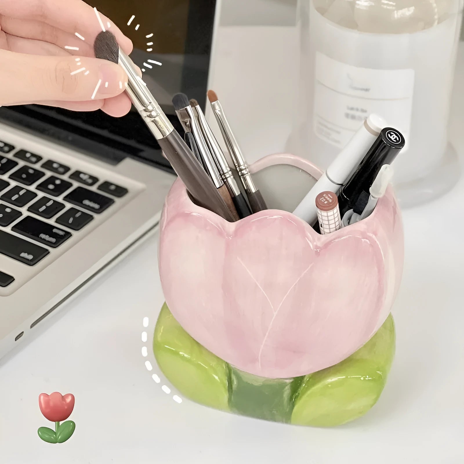 Ceramic floral pen holder and storage box for desktop organisation in decorative patterns