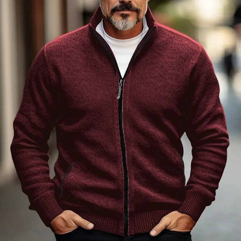 Men's fleece-lined thickened sweater cardigan in khaki, slim fit, cotton blend fabric