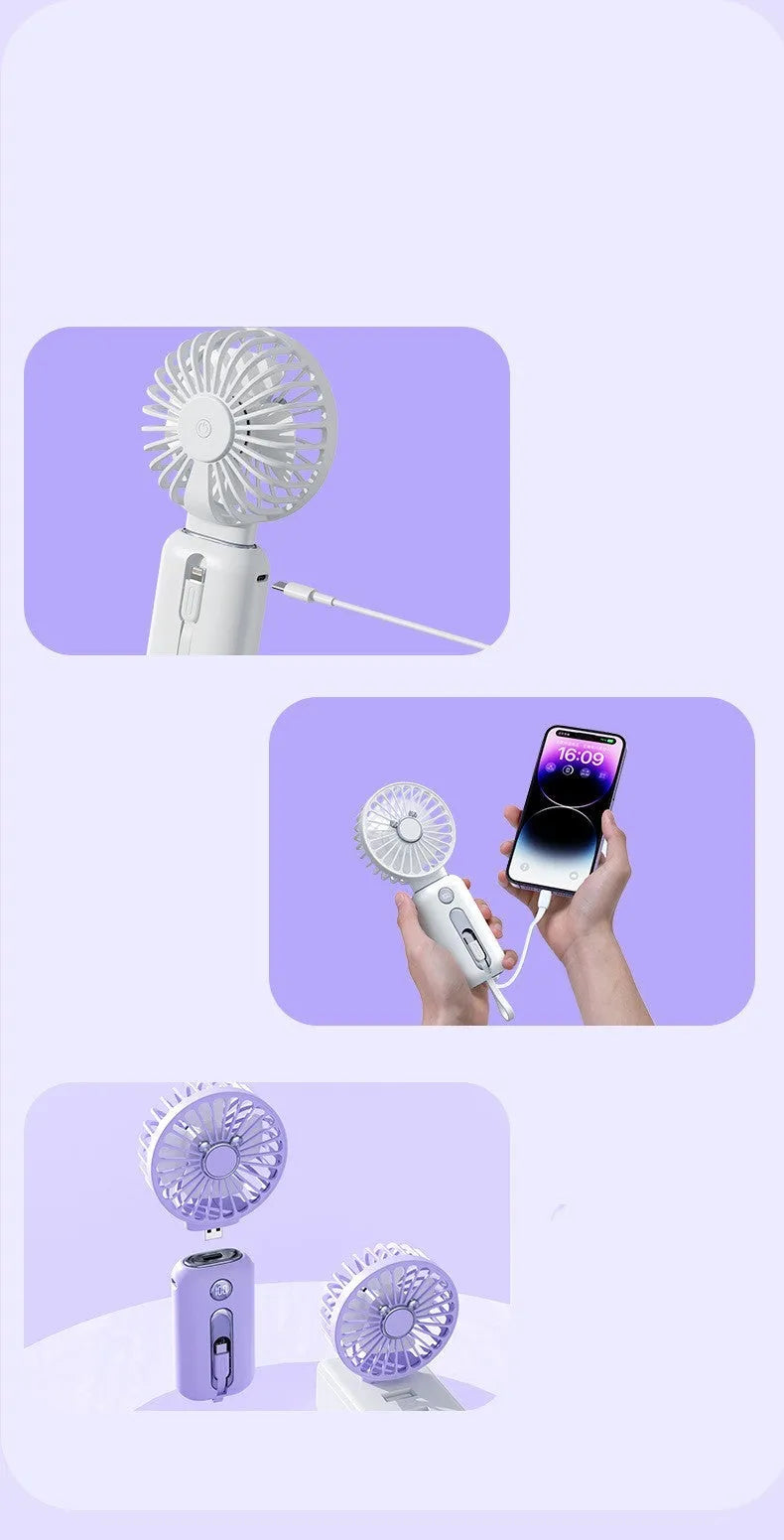 2-in-1 handheld fan with power bank, purple, 88mm brushless blades, compact USB rechargeable portable fan