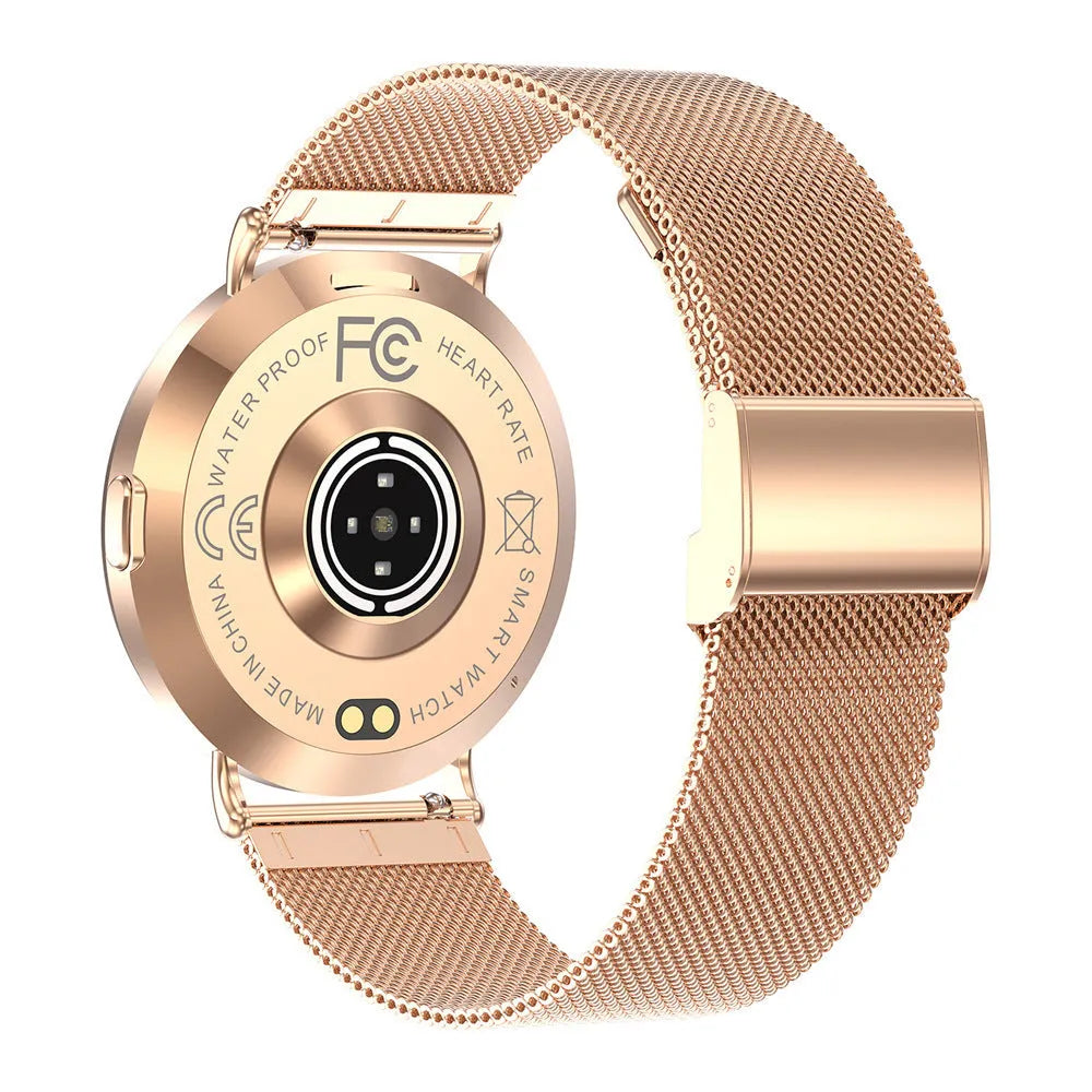 Ultra-thin aluminium alloy women's smart watch with AMOLED screen in gold steel colour showing health monitoring interface