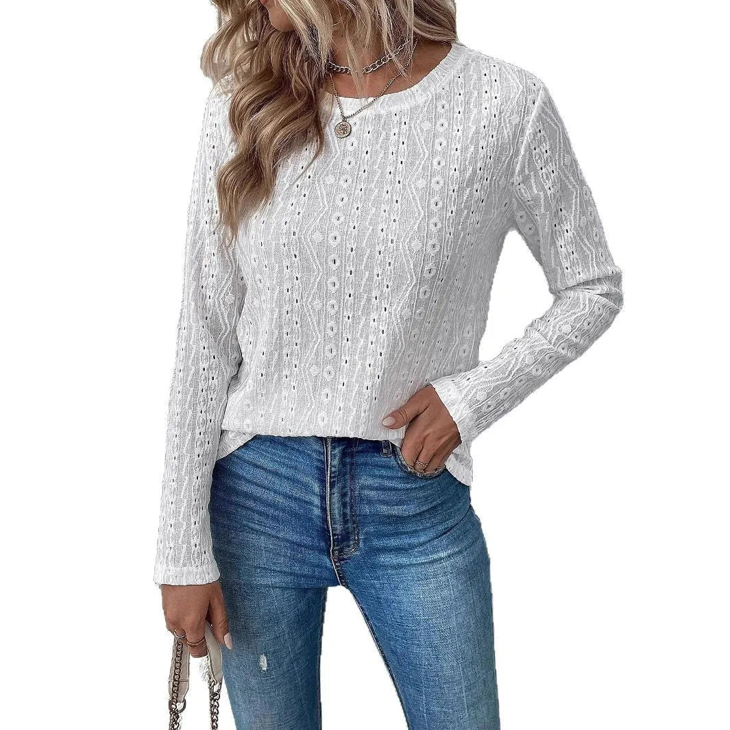 White loose fit polyester t-shirt with round neck and long sleeves shown in Asian sizes