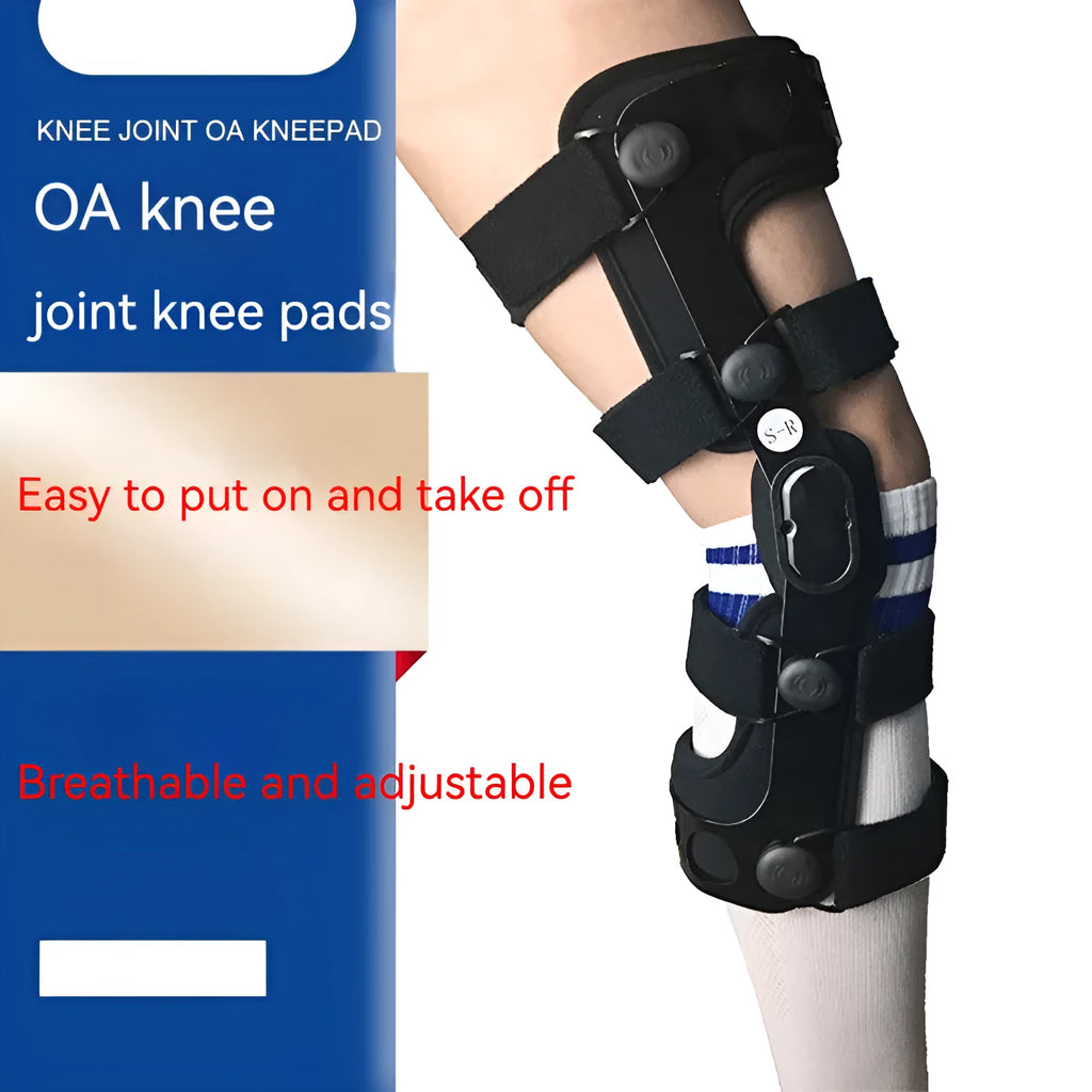 Black anterior ligament knee pad supporter showing multi-material construction and sizing for left and right knees.
