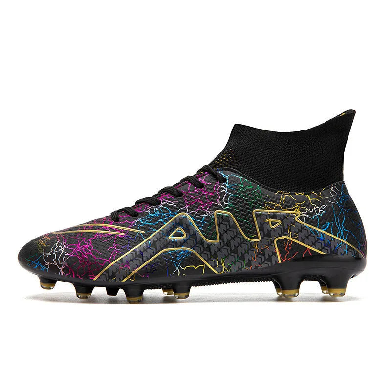 High-top soccer spike shoes with non-slip rubber outsole in black gold colour option