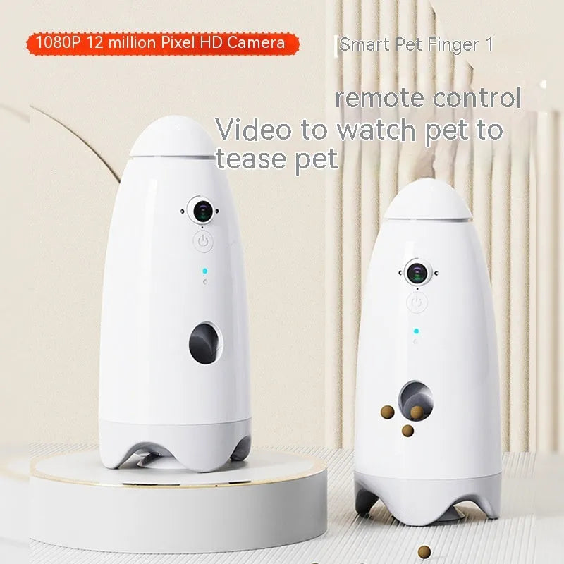 Smart pet feeder in white with built-in camera and APP remote control for dogs and cats, size 270mm by 120mm
