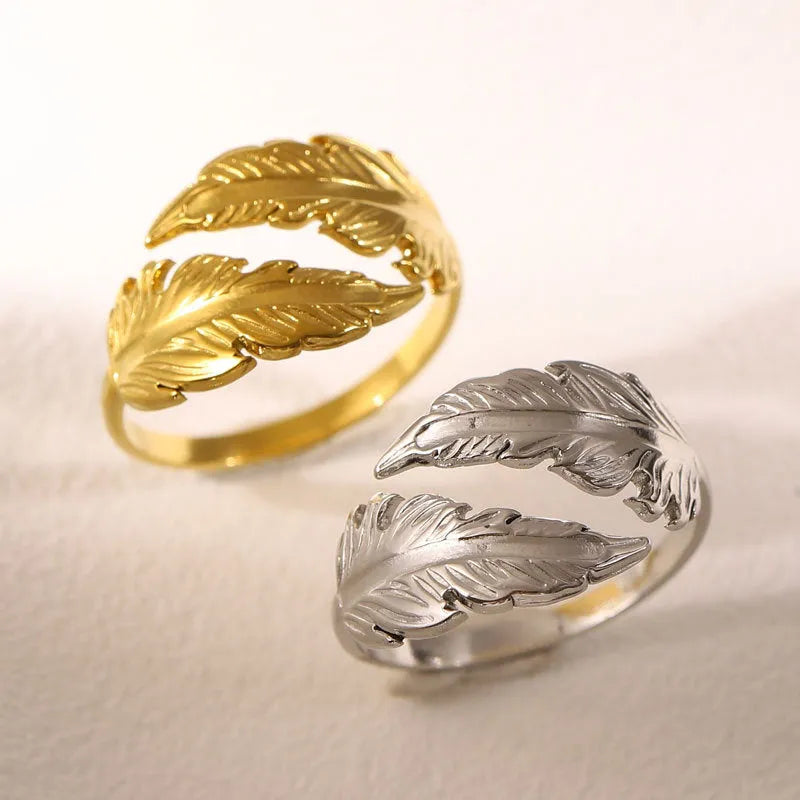Adjustable stainless steel feather ring with electroplated silver or gold finish