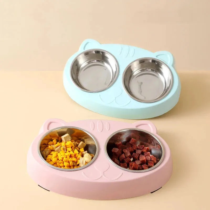 Blue plastic double bowl pet feeding tray for cats and dogs with food and water compartments