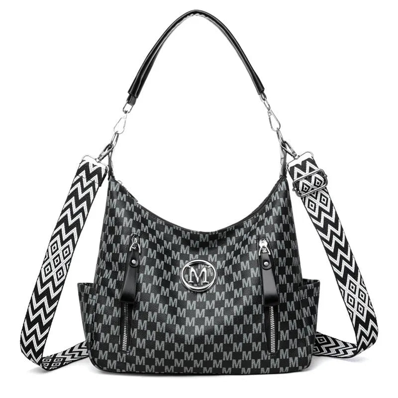 Retro simple printed shoulder messenger bag in PU material with double straps and sandwich pocket design