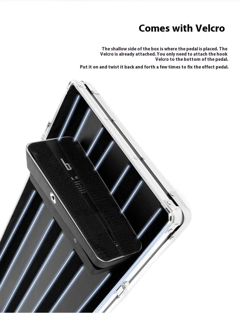 Aviation flight case containing T-EC8 trumpet style guitar effect processor device