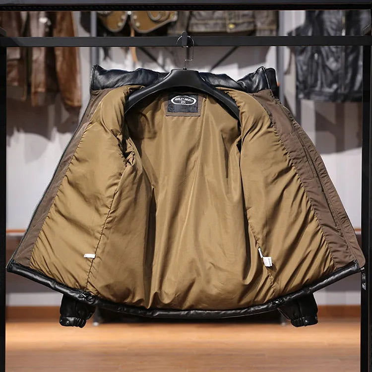 Men's black sheepskin down leather jacket with stand collar and pocket decoration