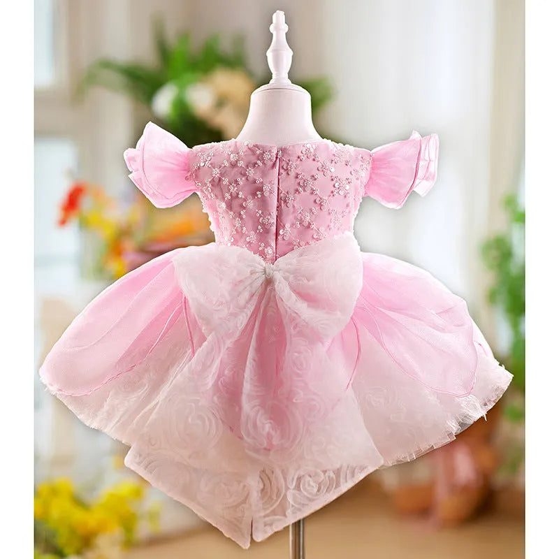 Children flounced sleeve pettiskirt birthday dress in MHA102 pink for girls 80-160cm