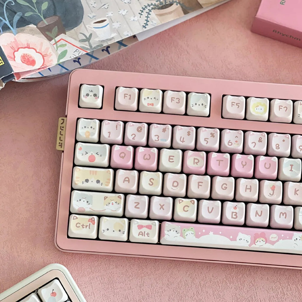 Meow Meow Team themed mechanical keyboard keycap set with 141 PBT keys featuring colourful anime character designs