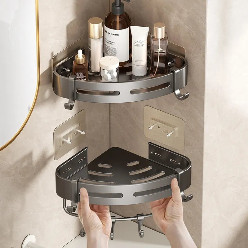 Gun grey triangle-shaped bathroom shelf with adhesive wall mount and optional towel rod.