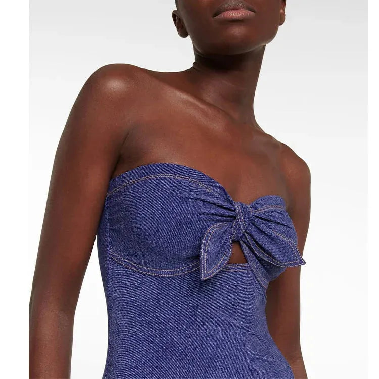 Women's vintage denim swimsuit one-piece with coordinating skirt in Y258 colour