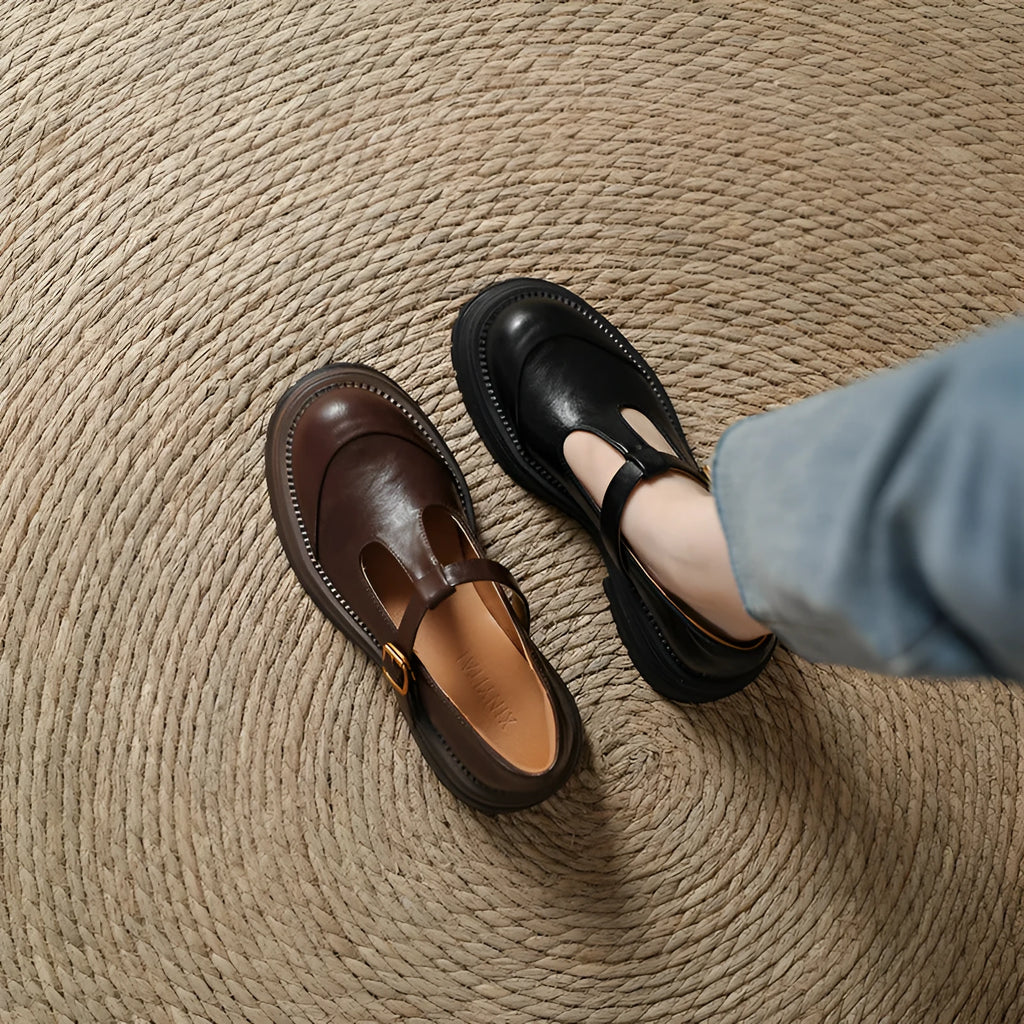 Vintage Mary Jane T-strap pumps for women, round toe, mid heel, buckle closure, black microfiber