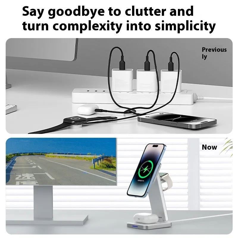 Folding alloy three-in-one wireless charger with digital display, black colour, magnetic charging, 18W output