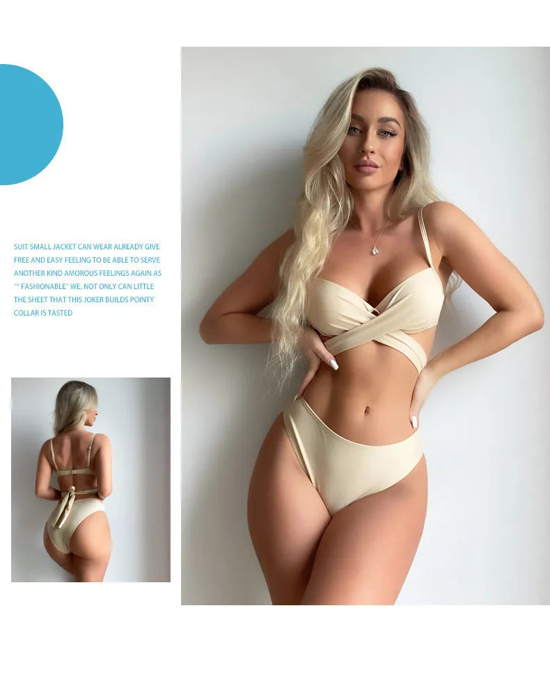 Three-piece split backless push up bikini set in solid colour with matching skirt