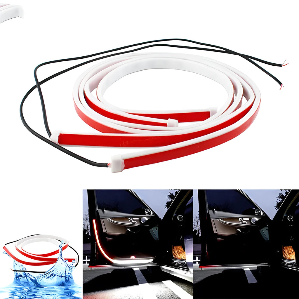 Red and white LED car door warning light strip with streamer effect on a car door edge