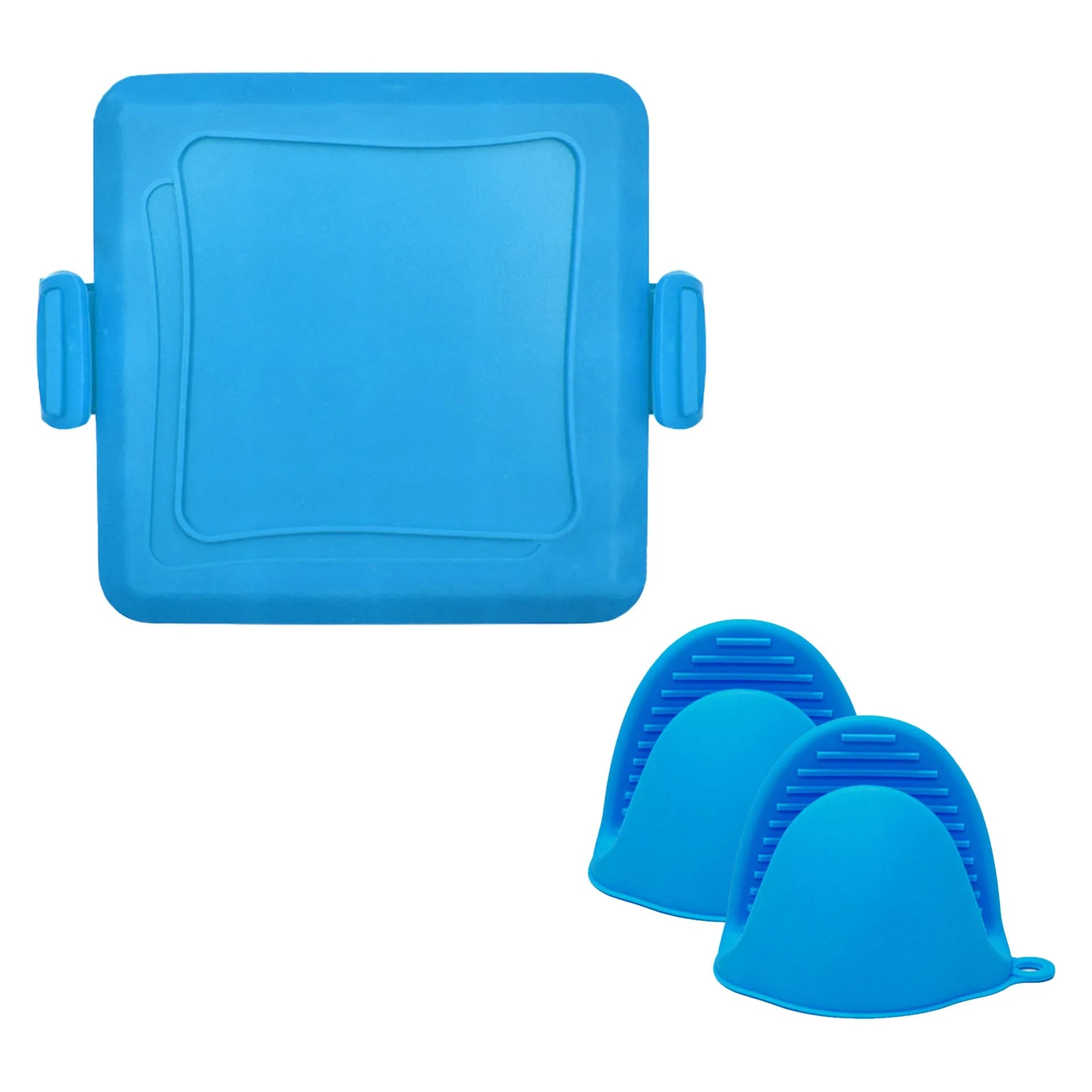 Red silicone baking tray and matching heat-resistant gloves set on kitchen counter