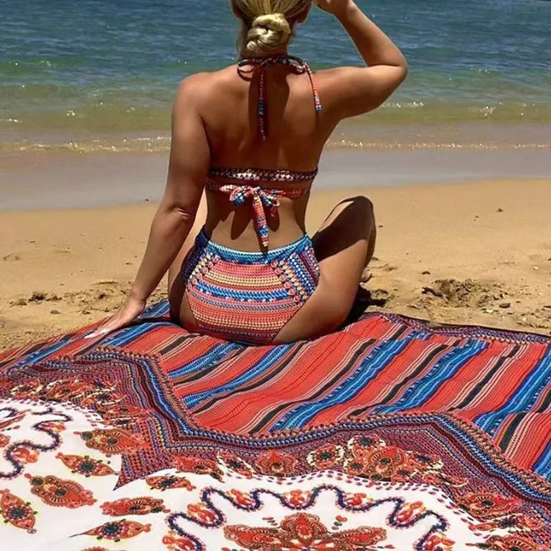 Women's three-piece split swimsuit set in picture colour, showing high-waist briefs, cutout blouse, and a cover-up coat.