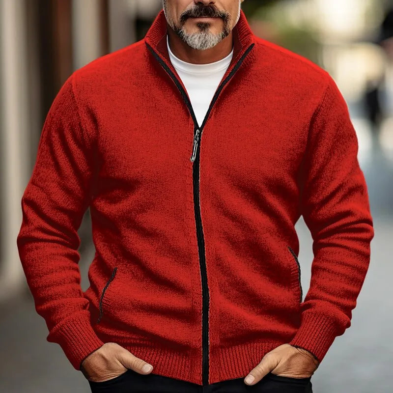 Men's fleece-lined thickened sweater cardigan in khaki, slim fit, cotton blend fabric