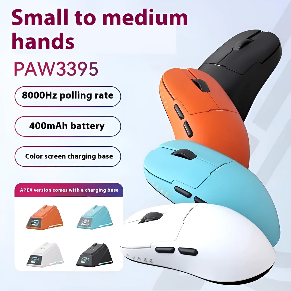 Small wireless gaming mouse with PAW3395 sensor in Yunfeng White colour, showing compact shape and USB cable.