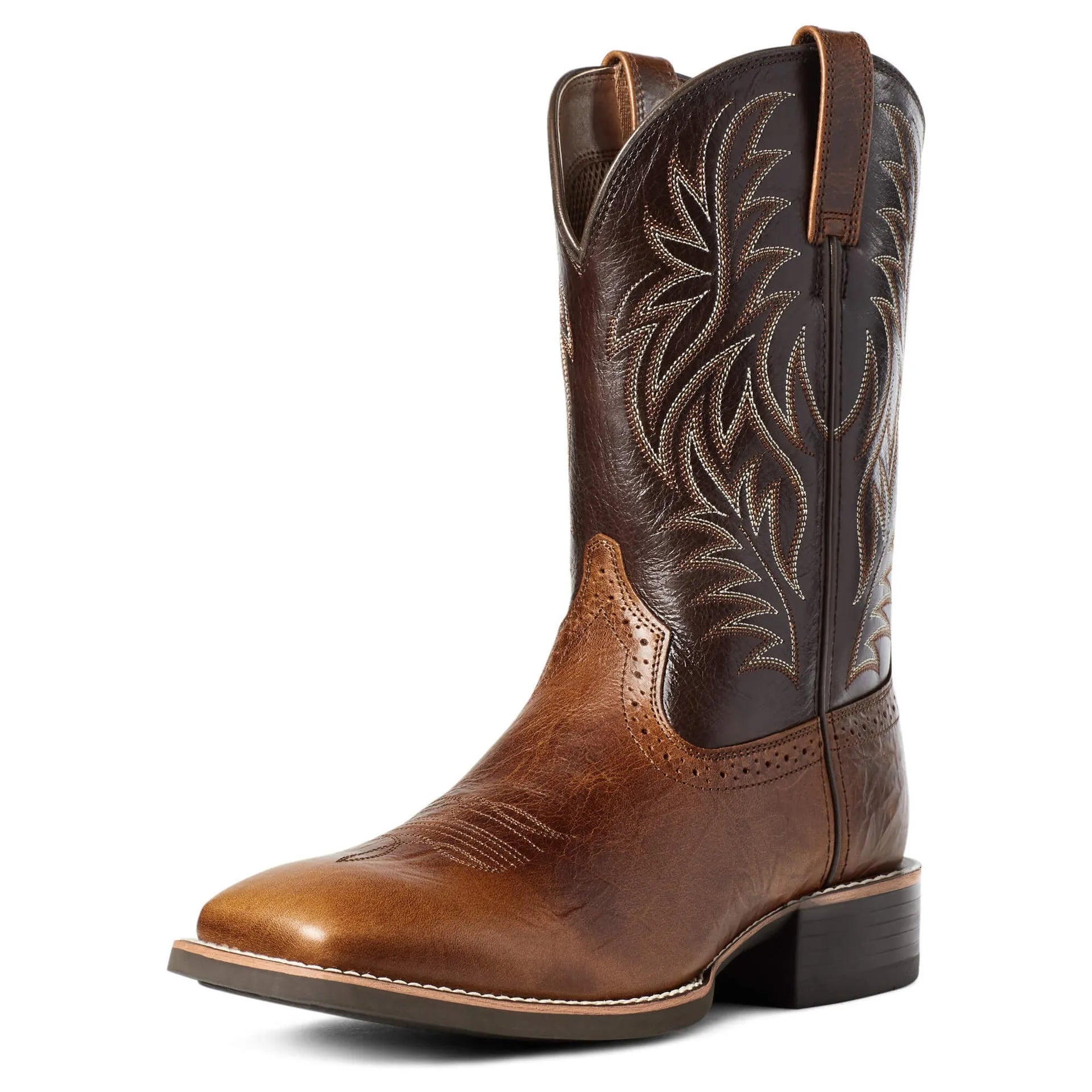 Men's black embroidered vintage Western cowboy boots with a wide square toe and low horseshoe heel.