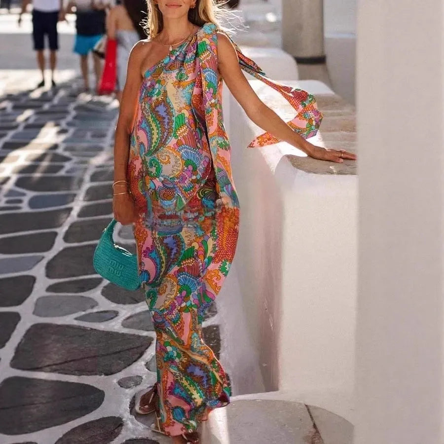Women's sleeveless one-shoulder satin vest dress with cashew nut print and splicing detail, sizes S M L