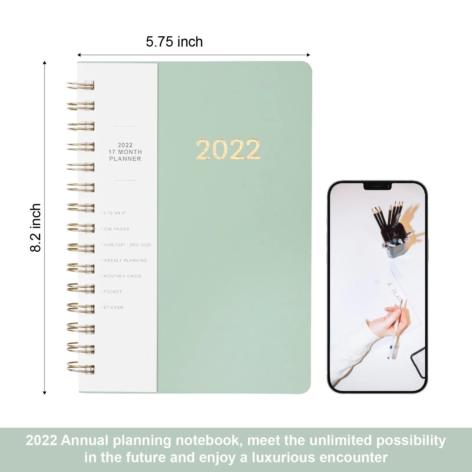 Blue or green PU leather student plan notebook with coil binding showing 2022 week planner pages and interior pockets
