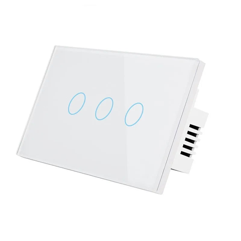 White 2-gang RF remote touch light switch with tempered glass panel and LED indicators