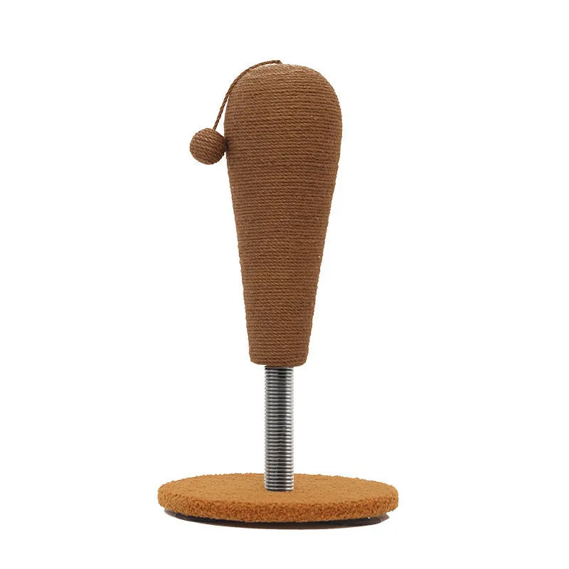 Sisal cat scratch board with dangling braided hemp rope toy and attached treat ball on a wooden base.