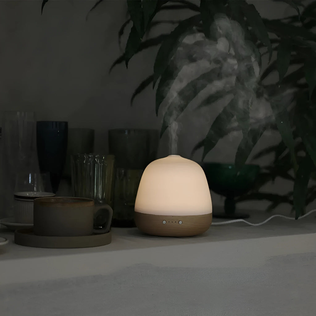 Round white ceramic ultrasonic essential oil humidifier, 180ml, 12W, with timer and single fog export