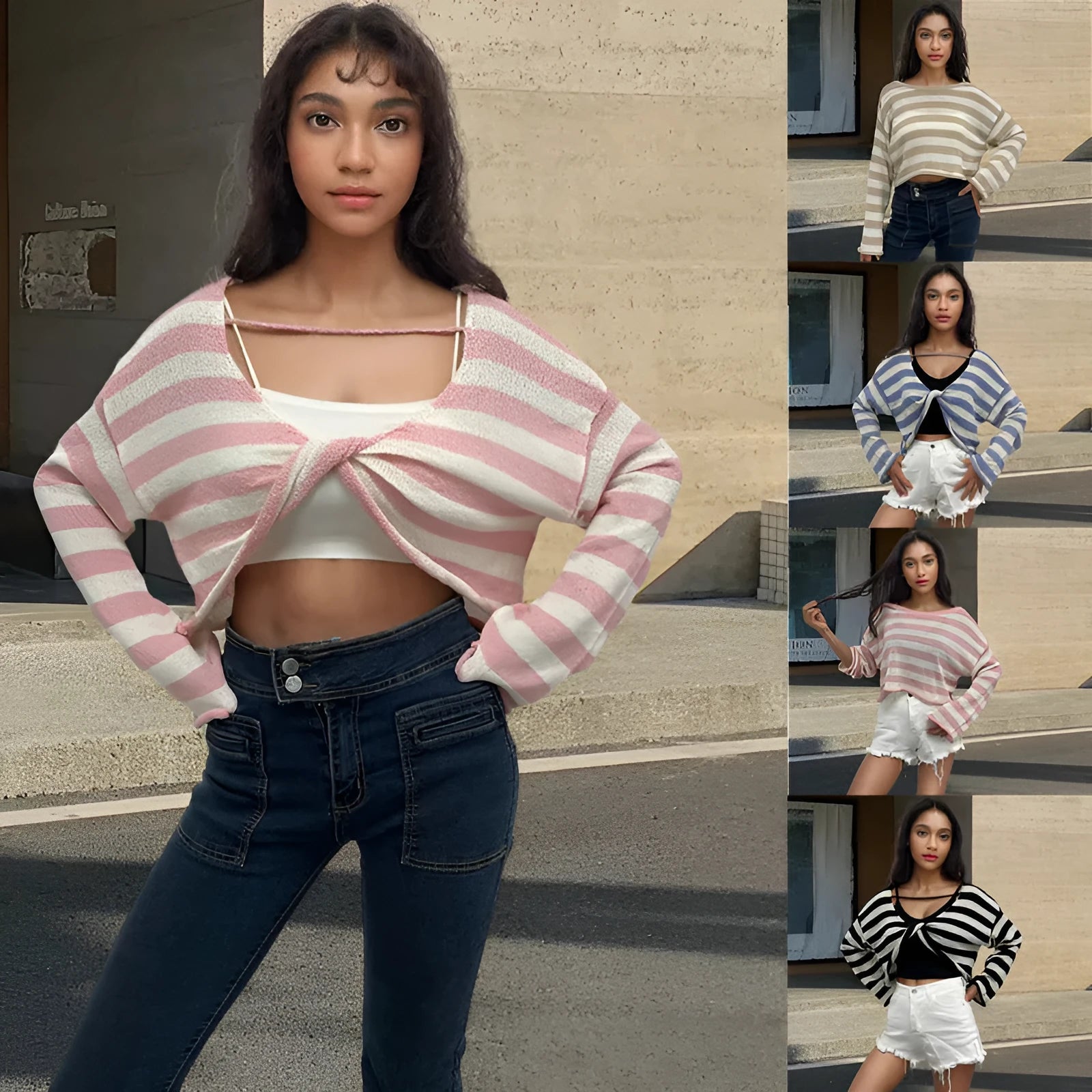 A woman wearing a cropped black and white striped long-sleeved sweater with a front and back exposed-navel design.
