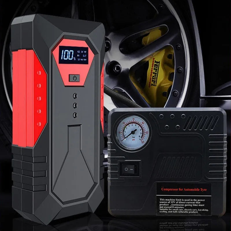 Red 12V car emergency start power bank with 18800mAh capacity and battery clamps