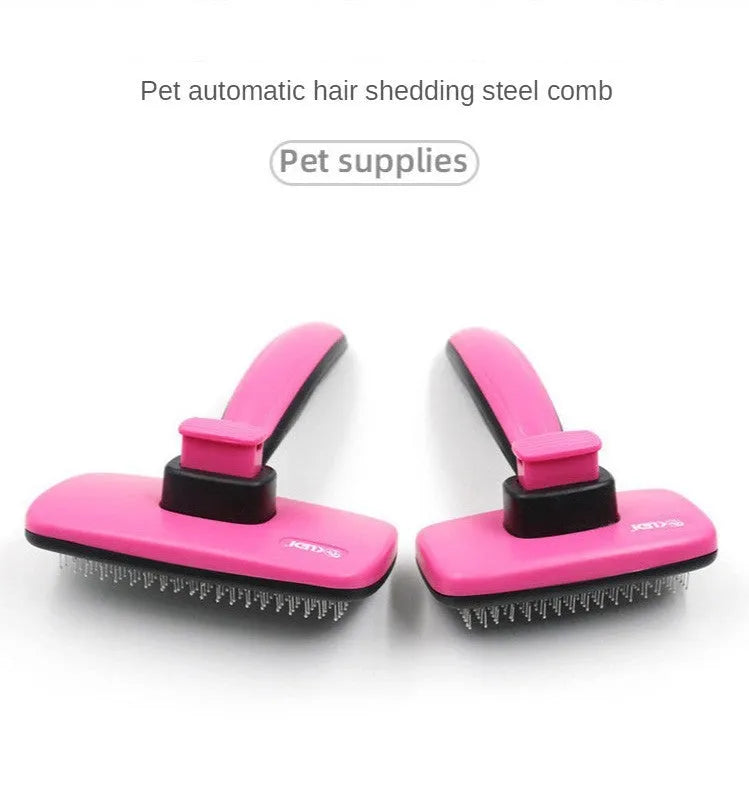 Rose red pet grooming comb with stainless steel teeth on white background