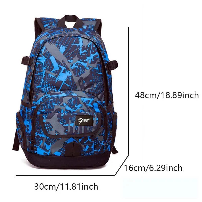 Blue classic nylon backpack with large main compartment and adjustable shoulder straps.