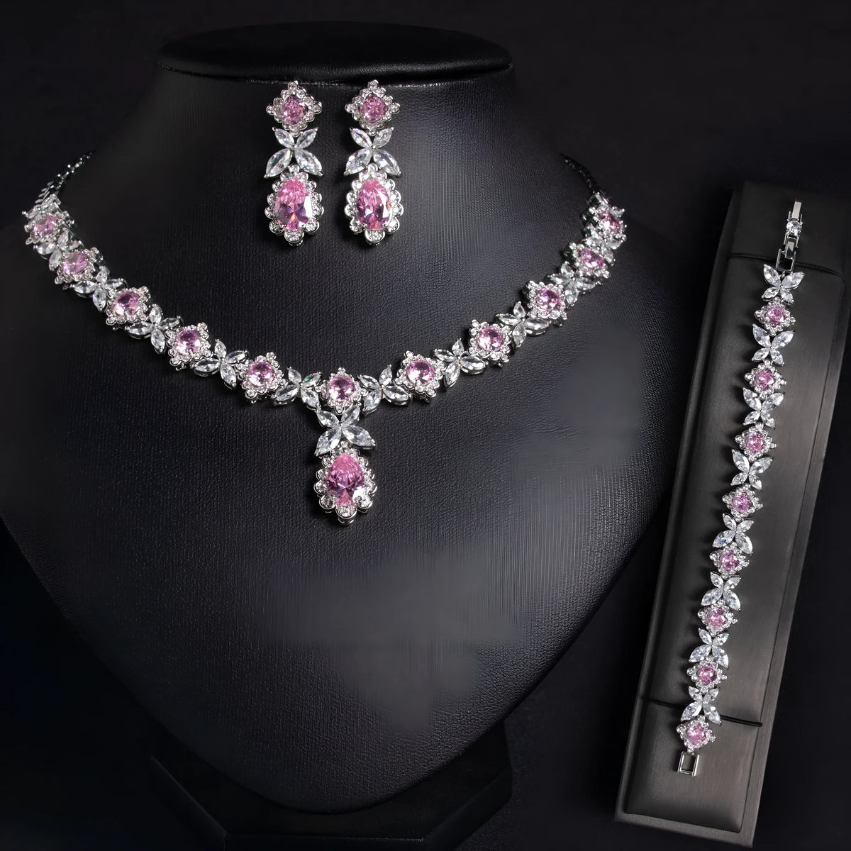 Zircon petal necklace, earrings and bracelet set in copper with 43.5cm chain, shown for bridal wear