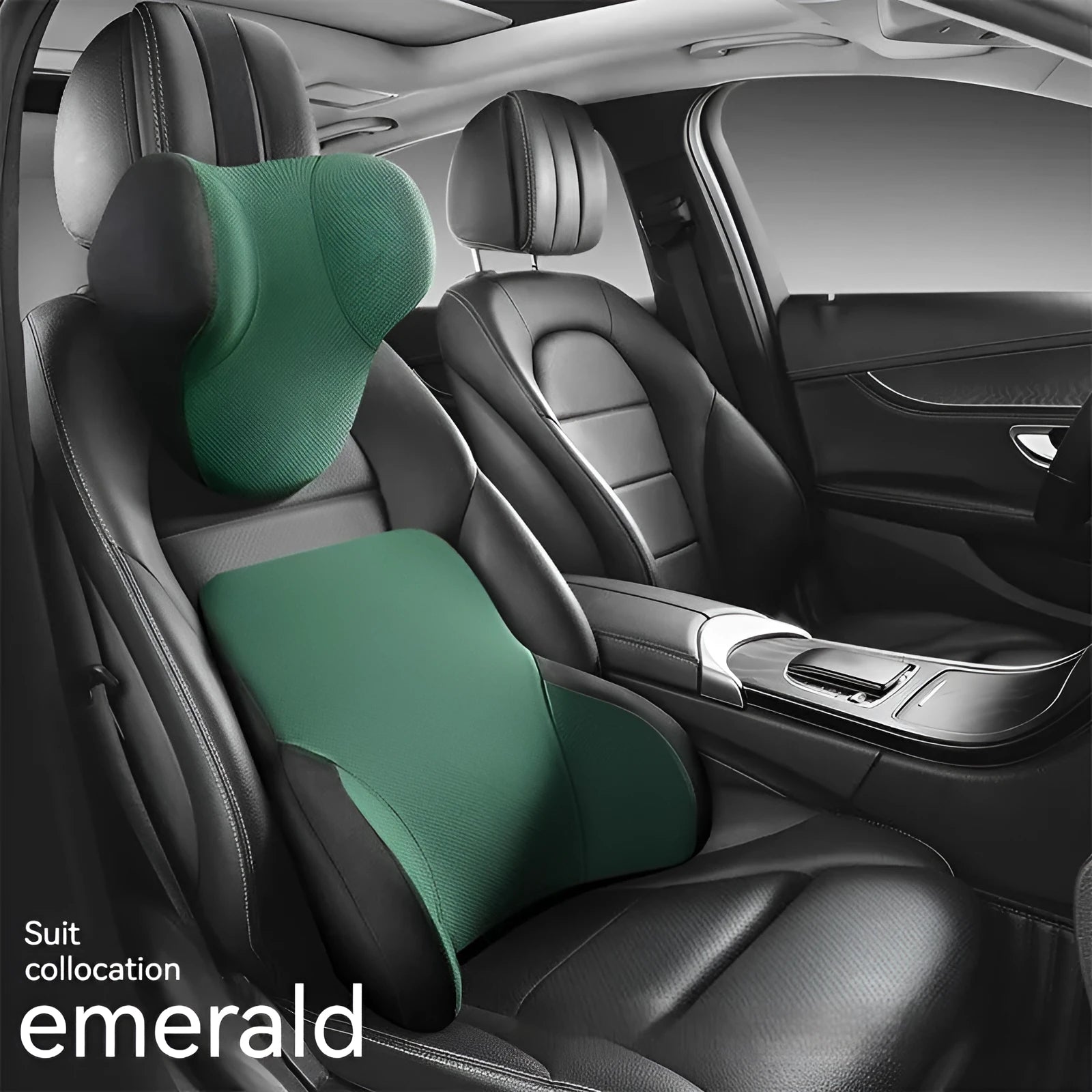 Black memory foam car headrest and lumbar support pillow set on a car seat